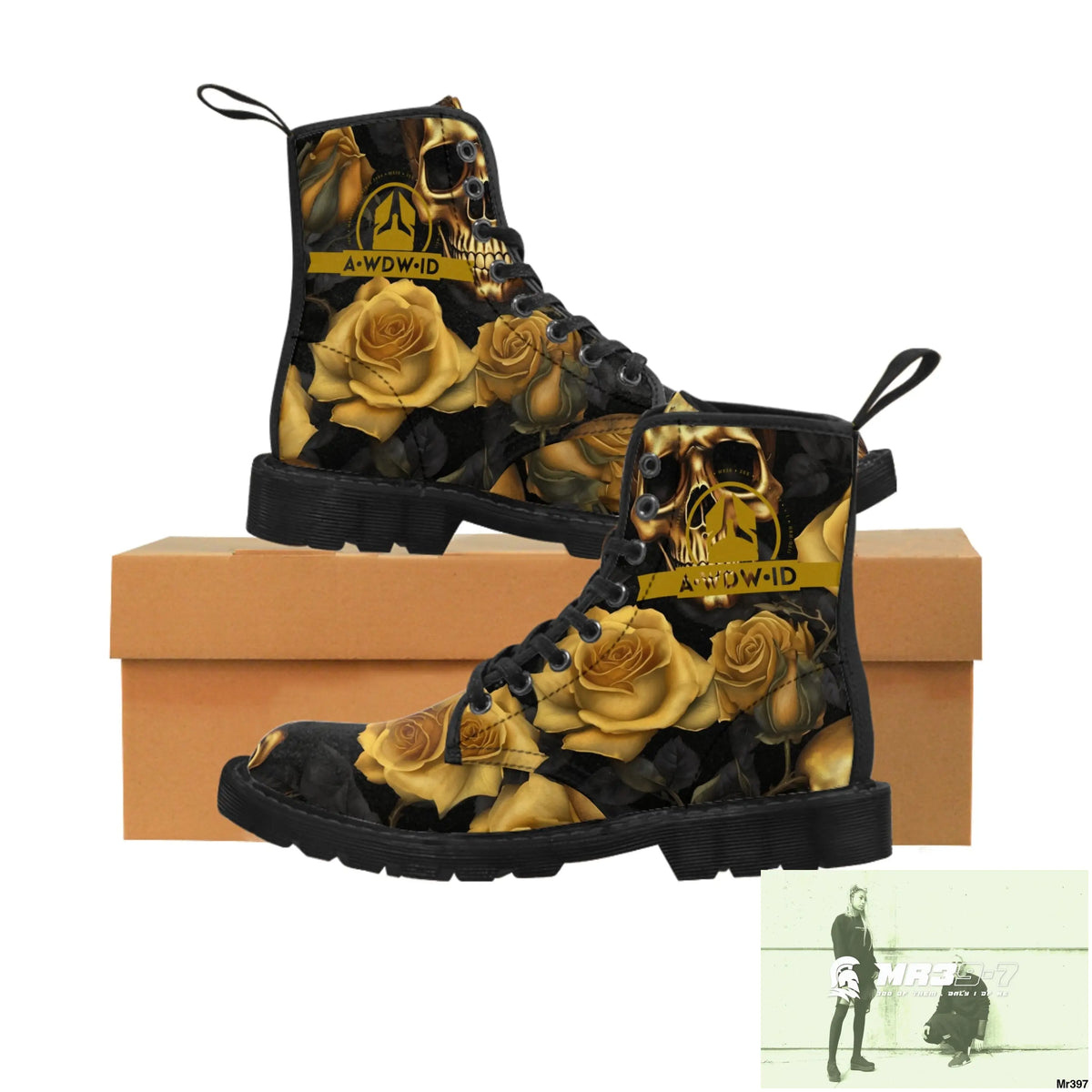 A1 Who Dares Wins ID No 2 Gothic Skulls and Gold Roses Canvas Boots AOP Shoes