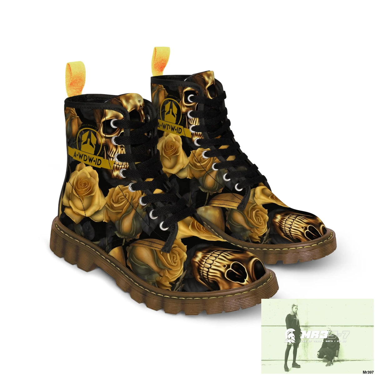 A1 Who Dares Wins ID No 2 Gothic Skulls and Gold Roses Canvas Boots AOP Shoes