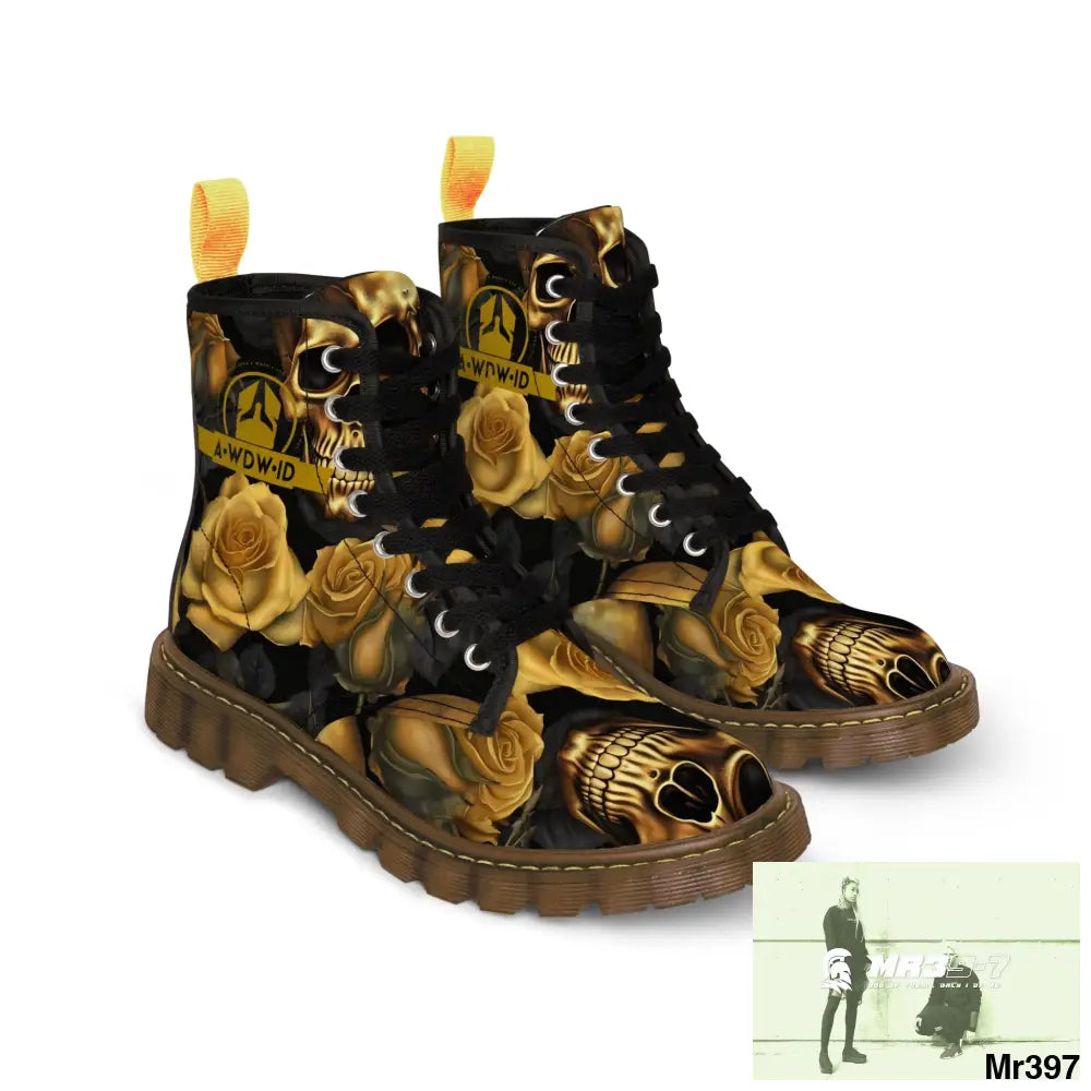 A1 Who Dares Wins ID No 2 Gothic Skulls and Gold Roses Canvas Boots AOP Shoes