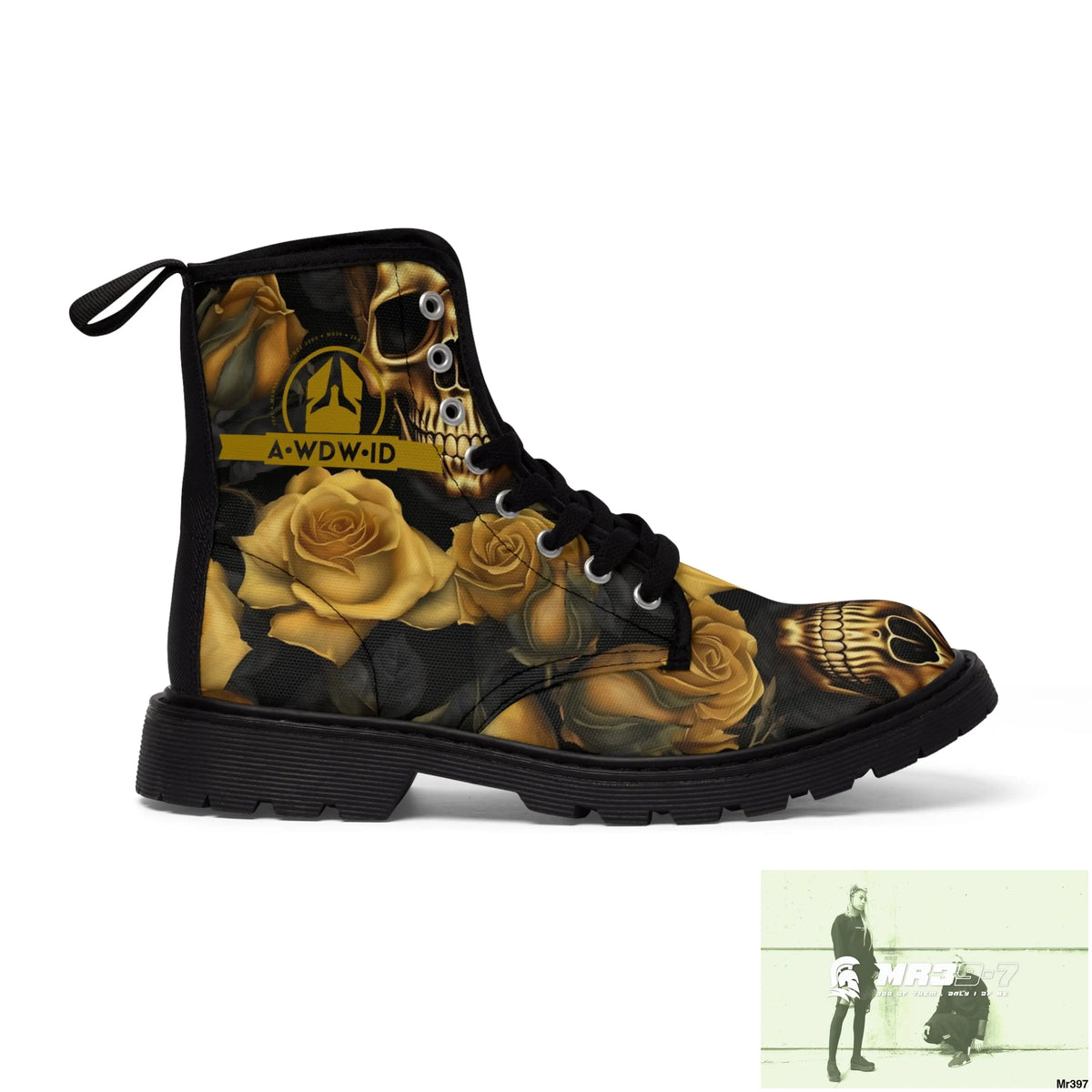 A1 Who Dares Wins ID No 2 Gothic Skulls and Gold Roses Canvas Boots AOP Shoes