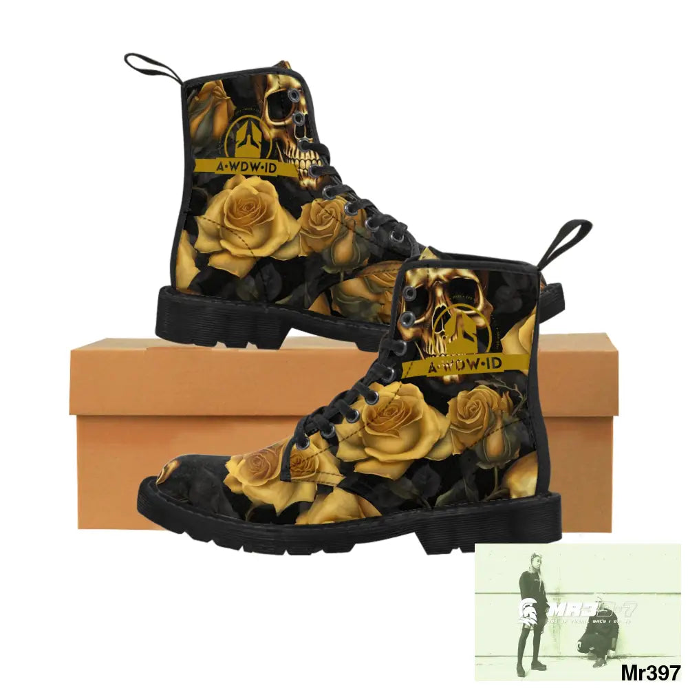 A1 Who Dares Wins ID No 2 Gothic Skulls and Gold Roses Canvas Boots AOP Shoes