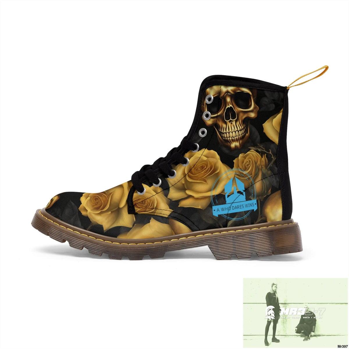 A1 Who Dares Wins No 2 Gothic Skulls and Gold Roses Canvas Boots AOP Shoes