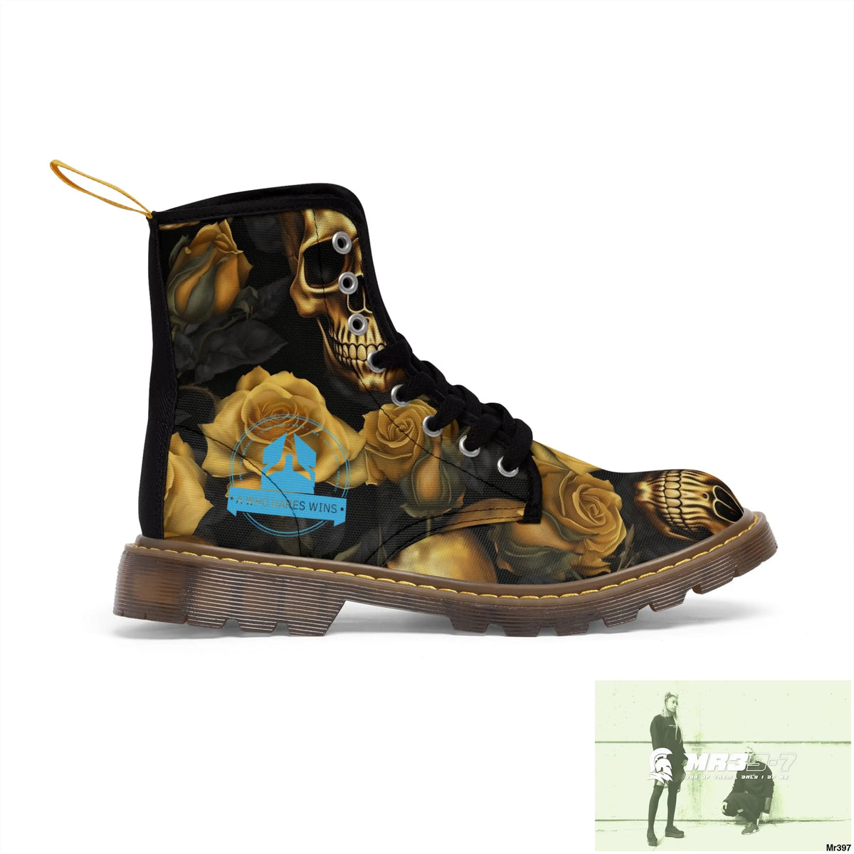 A1 Who Dares Wins No 2 Gothic Skulls and Gold Roses Canvas Boots AOP Shoes