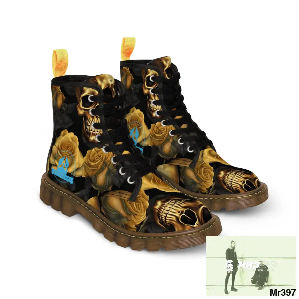 A1 Who Dares Wins No 2 Gothic Skulls and Gold Roses Canvas Boots AOP Shoes