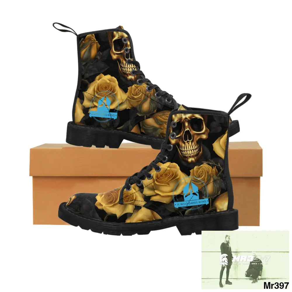 A1 Who Dares Wins No 2 Gothic Skulls and Gold Roses Canvas Boots AOP Shoes