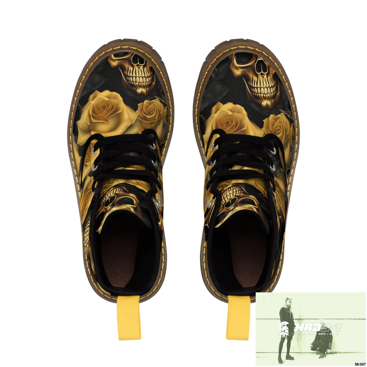 A1 Who Dares Wins No 2 Gothic Skulls and Gold Roses Canvas Boots AOP Shoes