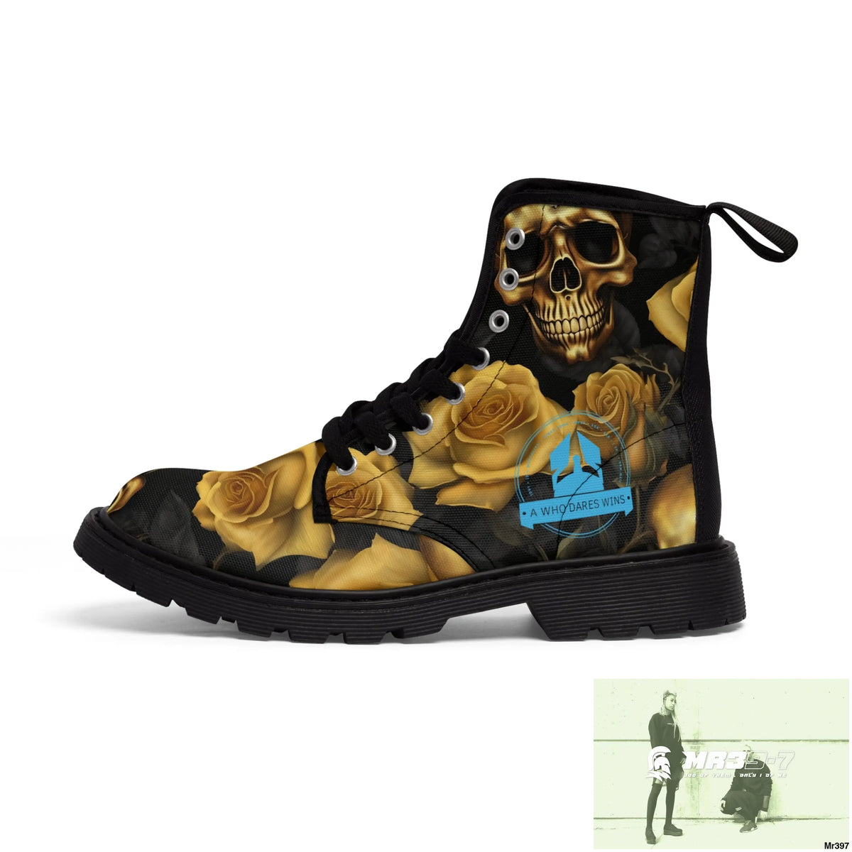 A1 Who Dares Wins No 2 Gothic Skulls and Gold Roses Canvas Boots AOP Shoes