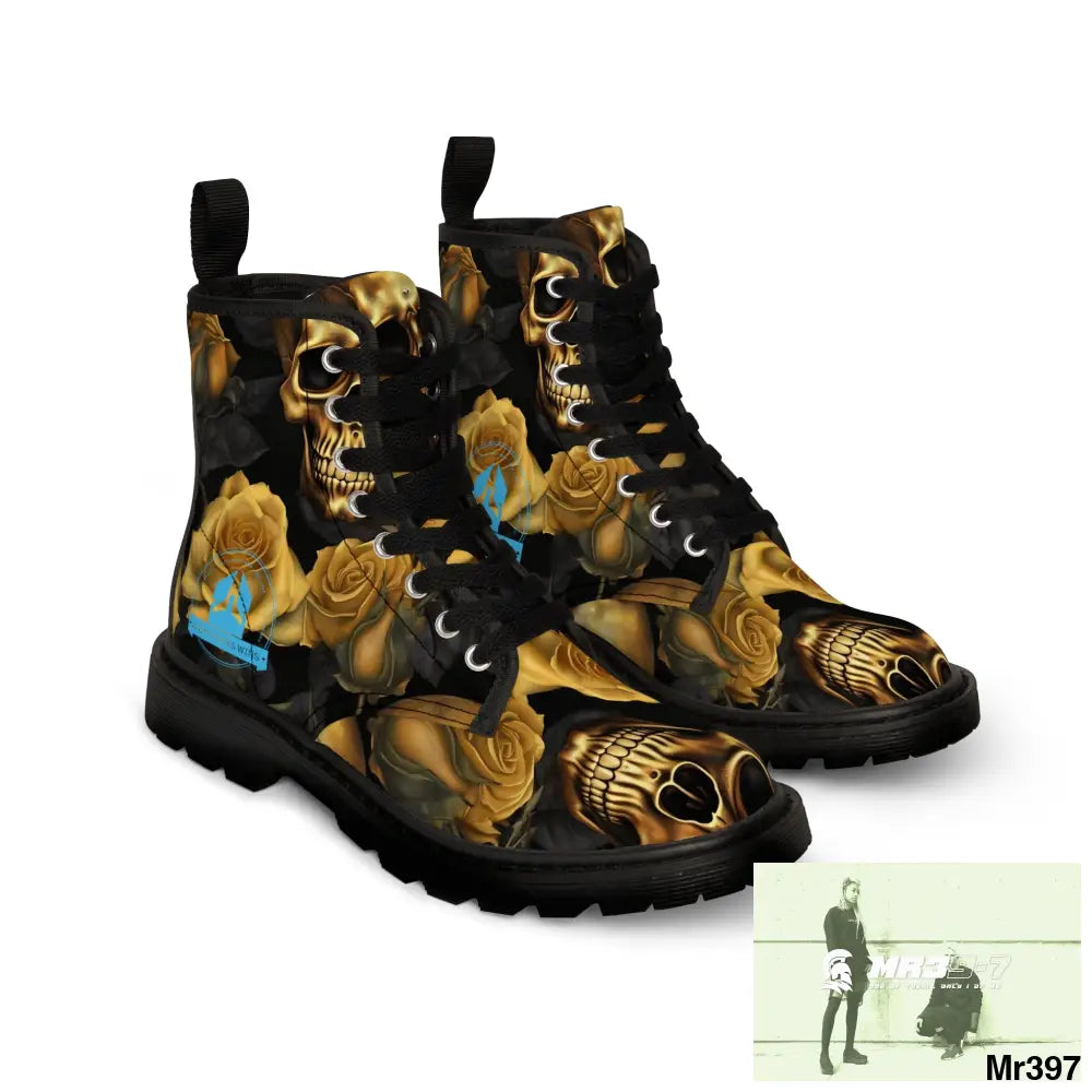 A1 Who Dares Wins No 2 Gothic Skulls and Gold Roses Canvas Boots AOP Shoes