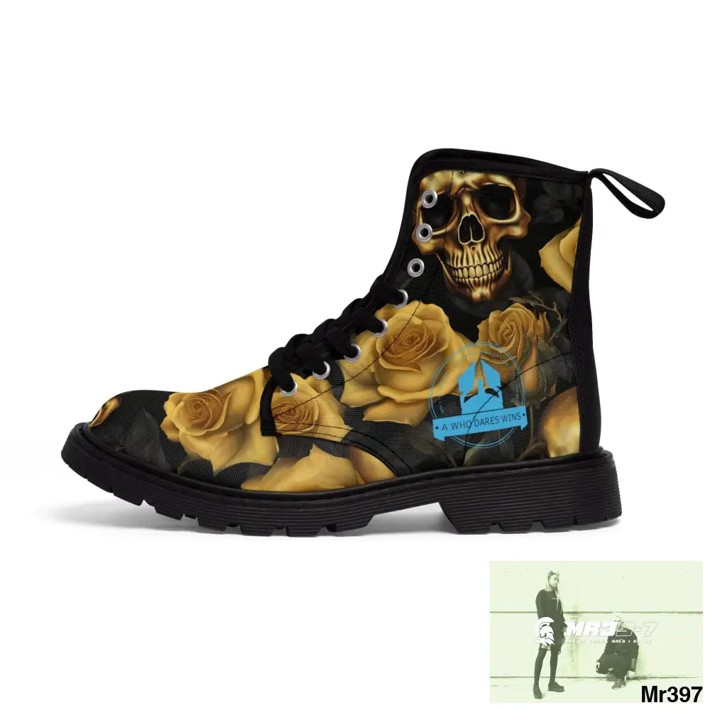 A1 Who Dares Wins No 2 Gothic Skulls and Gold Roses Canvas Boots AOP Shoes