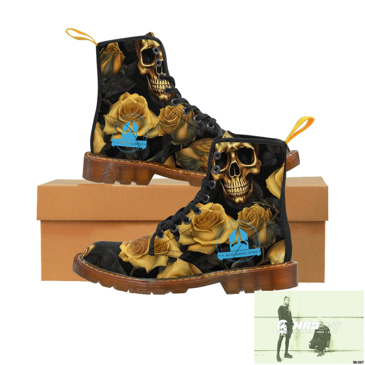 A1 Who Dares Wins No 2 Gothic Skulls and Gold Roses Canvas Boots AOP Shoes