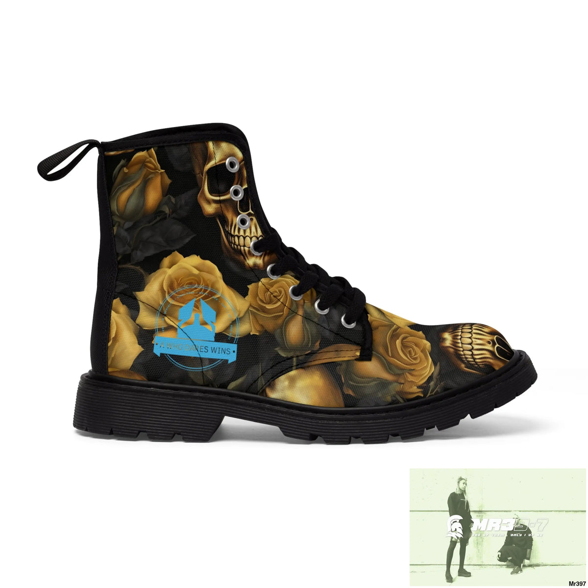 A1 Who Dares Wins No 2 Gothic Skulls and Gold Roses Canvas Boots AOP Shoes