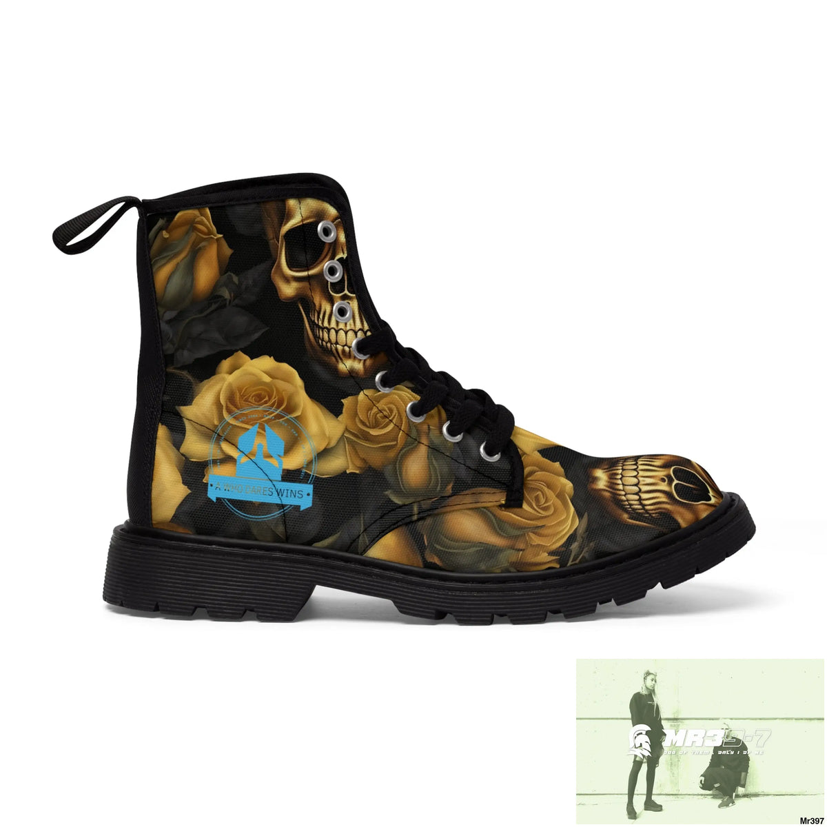 A1 Who Dares Wins No 2 Gothic Skulls and Gold Roses Canvas Boots AOP US 7 / Black sole Shoes