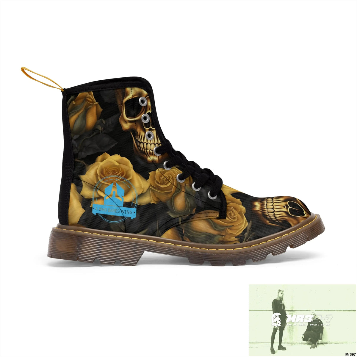 A1 Who Dares Wins No 2 Gothic Skulls and Gold Roses Canvas Boots AOP US 7 / Brown sole Shoes