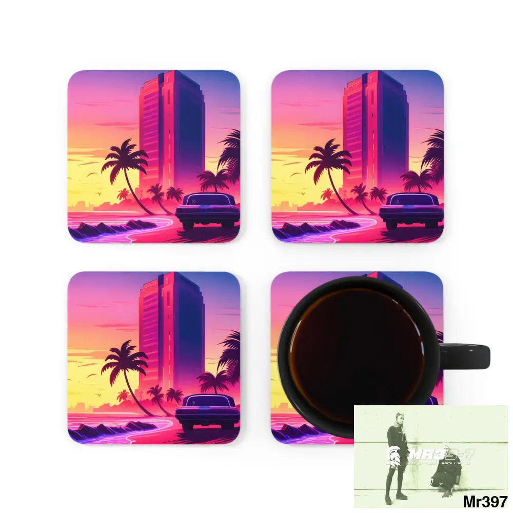 AI Vigilante Vice theme Corkwood Coaster Set Cork / 3.75’’ × 3.75’’ / Square Home Decor