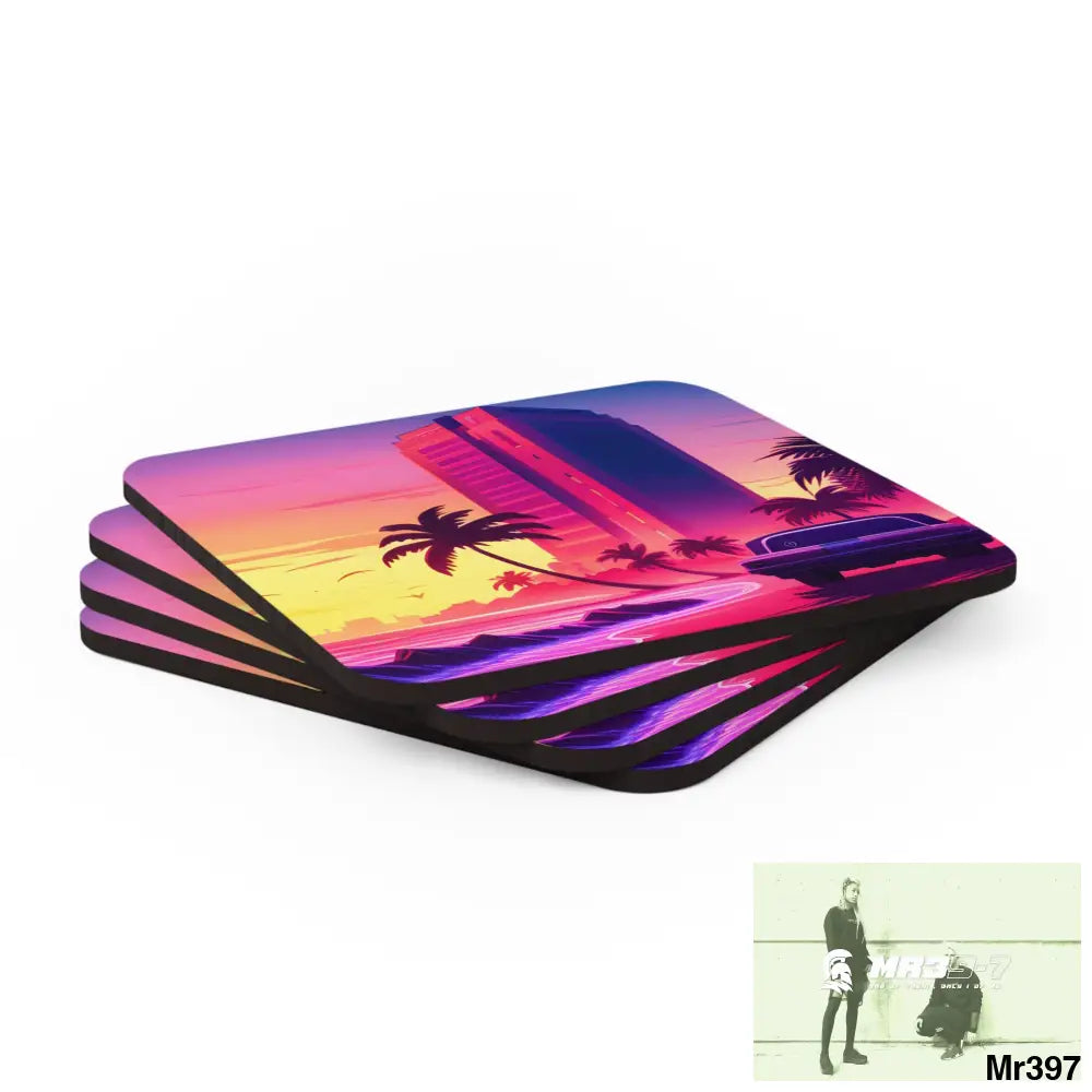 AI Vigilante Vice theme Corkwood Coaster Set Cork / 3.75’’ × 3.75’’ / Square Home Decor