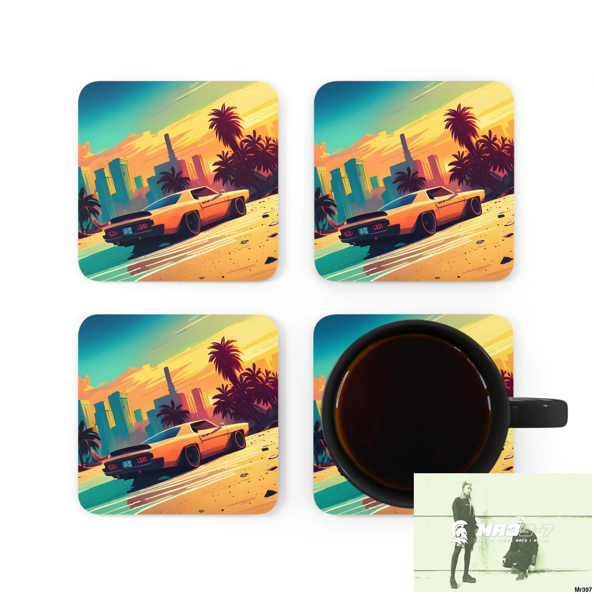 AI Vigilante Vice theme Corkwood Coaster Set Cork / 3.75’’ × 3.75’’ / Square Home Decor