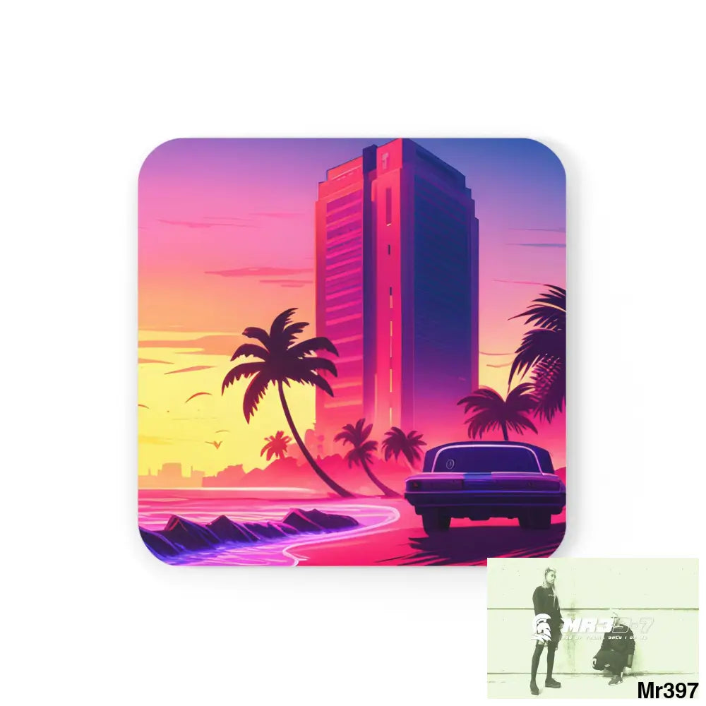 AI Vigilante Vice theme Corkwood Coaster Set Cork / 3.75’’ × 3.75’’ / Square Home Decor