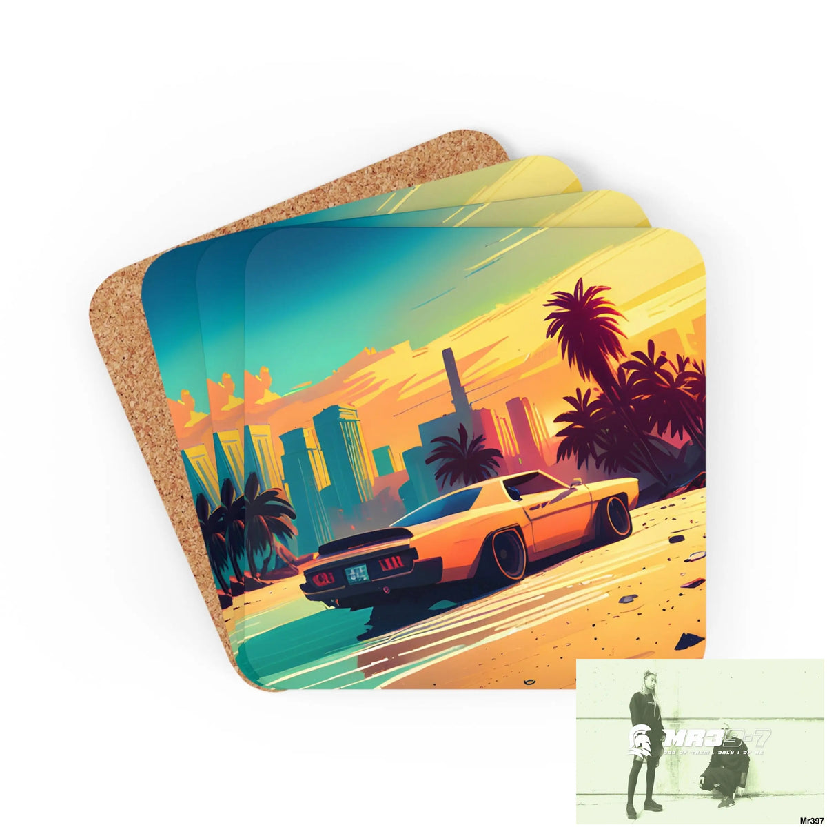 AI Vigilante Vice theme Corkwood Coaster Set Cork / 3.75’’ × 3.75’’ / Square Home Decor