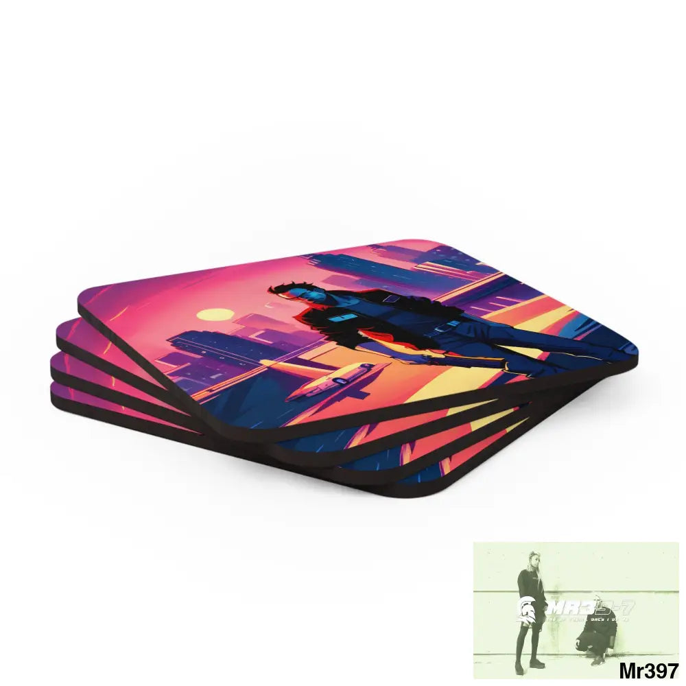 AI Vigilante Vice theme Corkwood Coaster Set Cork / 3.75’’ × 3.75’’ / Square Home Decor