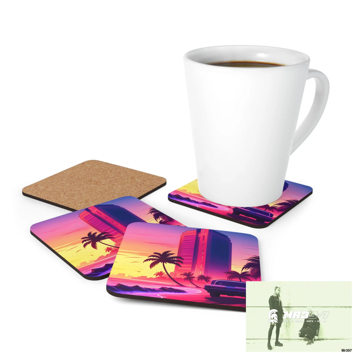 AI Vigilante Vice theme Corkwood Coaster Set Cork / 3.75’’ × 3.75’’ / Square Home Decor