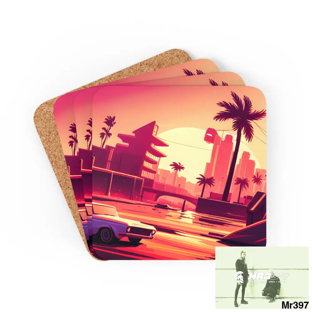 AI Vigilante Vice theme Corkwood Coaster Set Cork / 3.75’’ × 3.75’’ / Square Home Decor