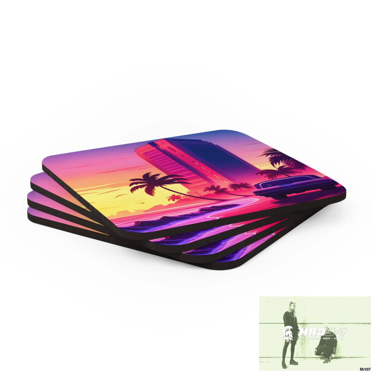AI Vigilante Vice theme Corkwood Coaster Set Cork / 3.75’’ × 3.75’’ / Square Home Decor