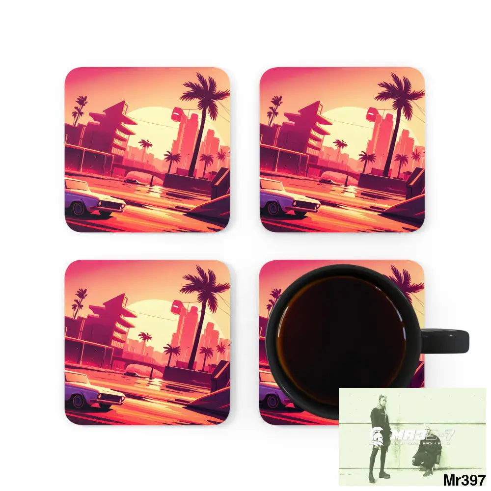 AI Vigilante Vice theme Corkwood Coaster Set Cork / 3.75’’ × 3.75’’ / Square Home Decor