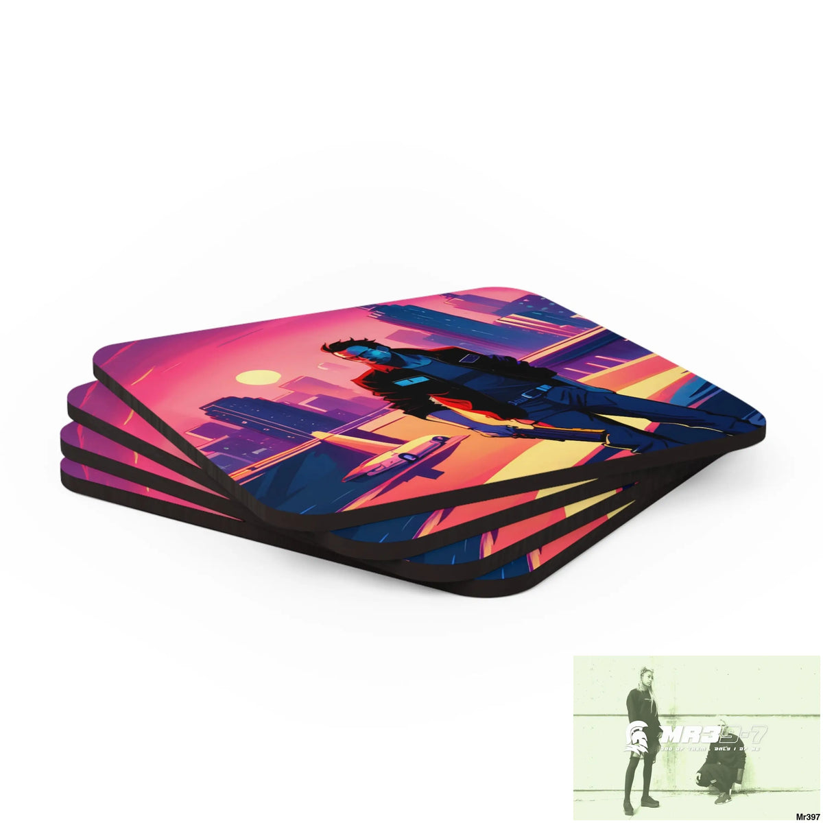 AI Vigilante Vice theme Corkwood Coaster Set Cork / 3.75’’ × 3.75’’ / Square Home Decor