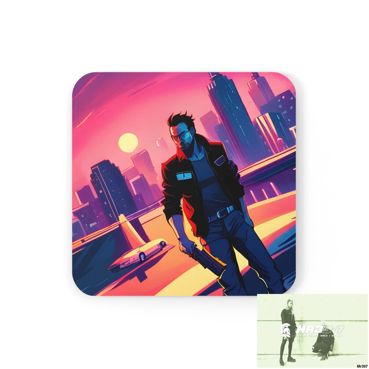 AI Vigilante Vice theme Corkwood Coaster Set Cork / 3.75’’ × 3.75’’ / Square Home Decor