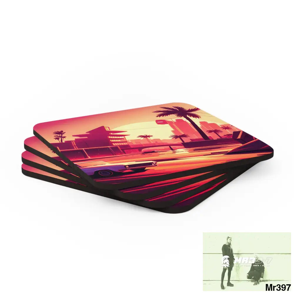 AI Vigilante Vice theme Corkwood Coaster Set Cork / 3.75’’ × 3.75’’ / Square Home Decor