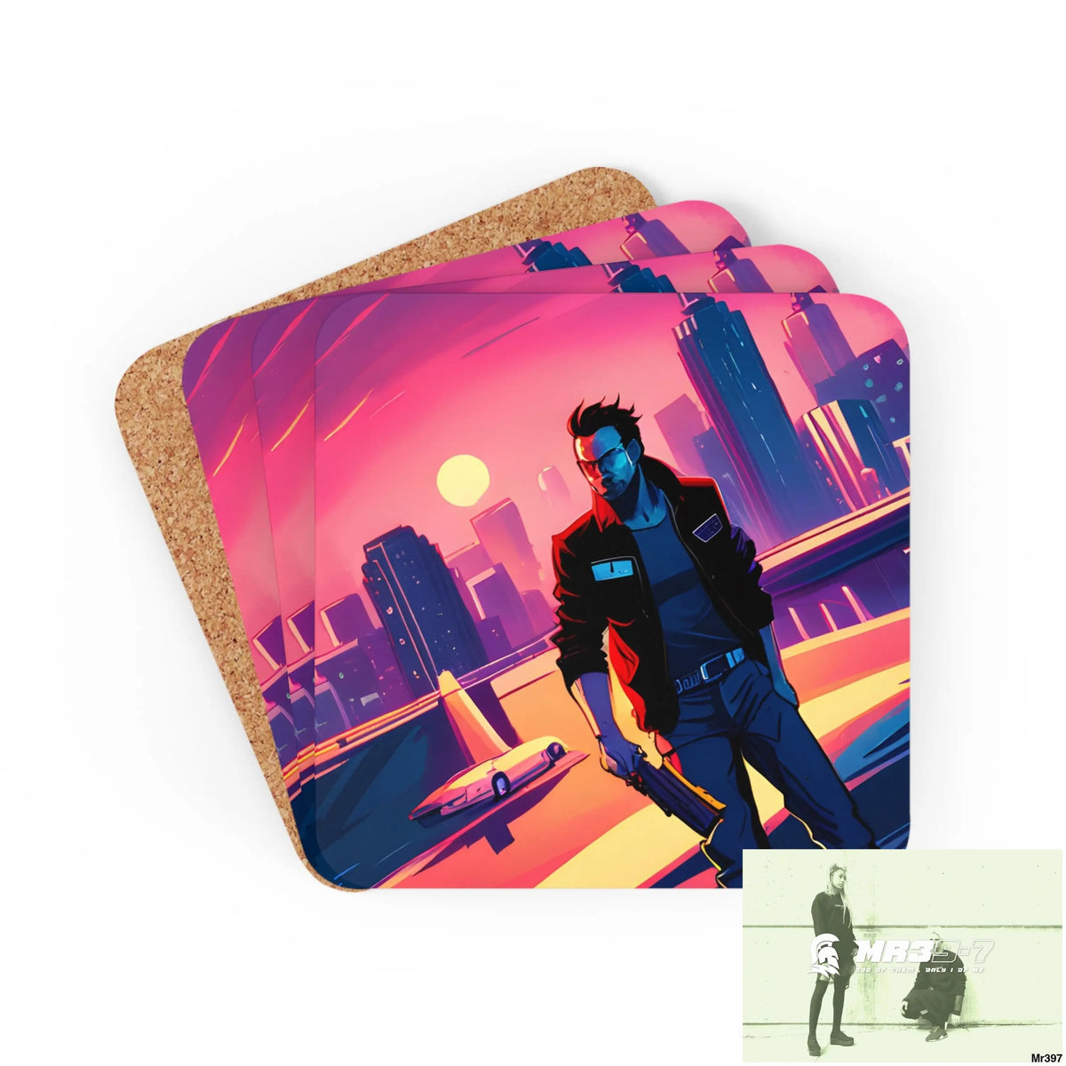 AI Vigilante Vice theme Corkwood Coaster Set Cork / 3.75’’ × 3.75’’ / Square Home Decor