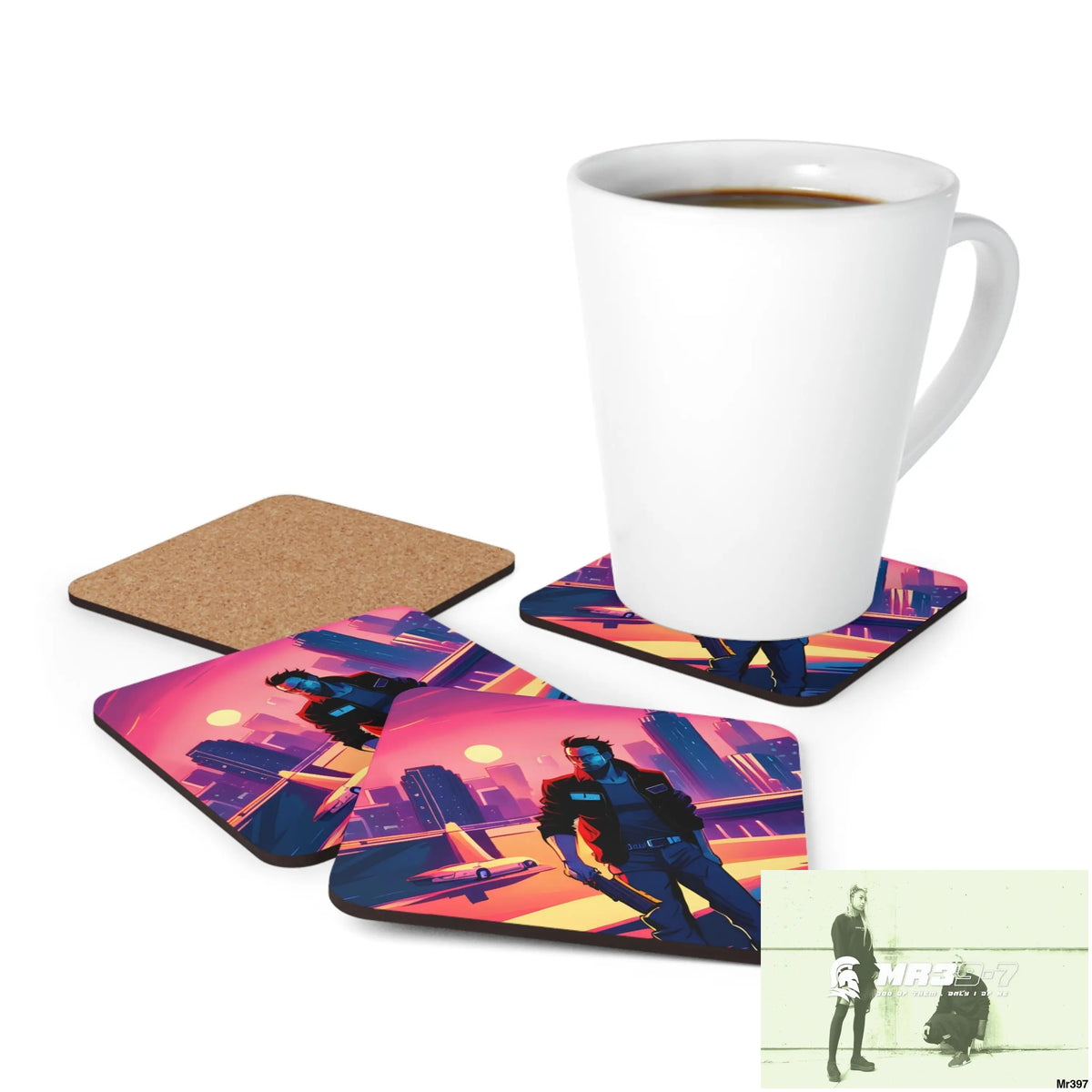 AI Vigilante Vice theme Corkwood Coaster Set Cork / 3.75’’ × 3.75’’ / Square Home Decor