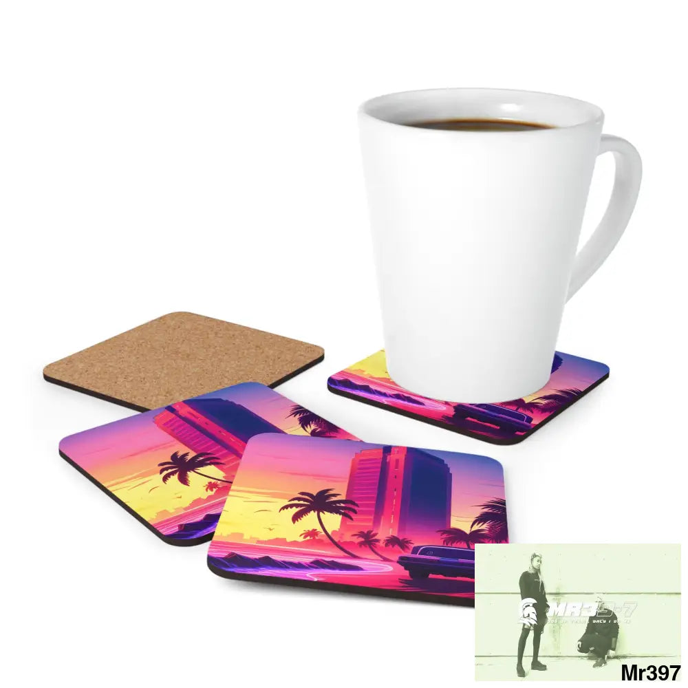 AI Vigilante Vice theme Corkwood Coaster Set Cork / 3.75’’ × 3.75’’ / Square Home Decor