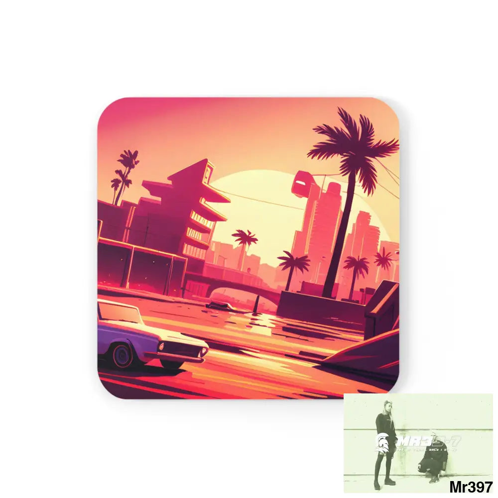 AI Vigilante Vice theme Corkwood Coaster Set Cork / 3.75’’ × 3.75’’ / Square Home Decor