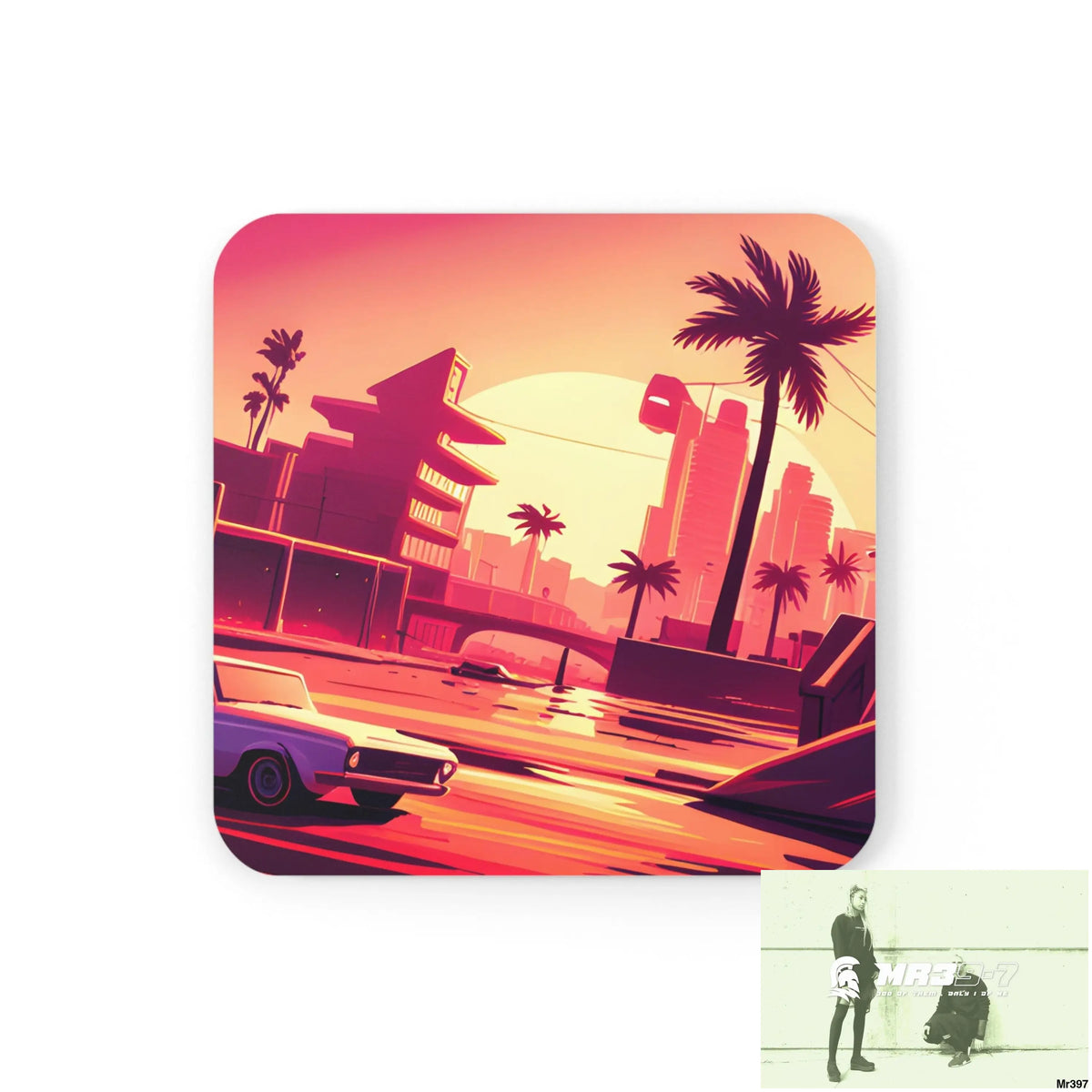 AI Vigilante Vice theme Corkwood Coaster Set Cork / 3.75’’ × 3.75’’ / Square Home Decor