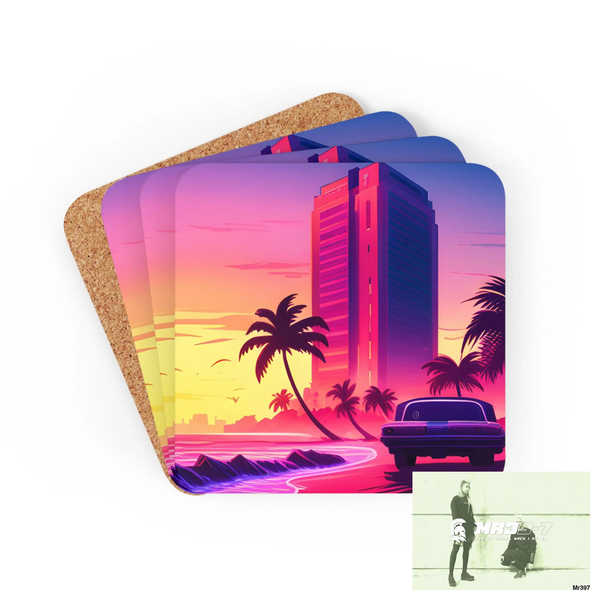 AI Vigilante Vice theme Corkwood Coaster Set Cork / 3.75’’ × 3.75’’ / Square Home Decor