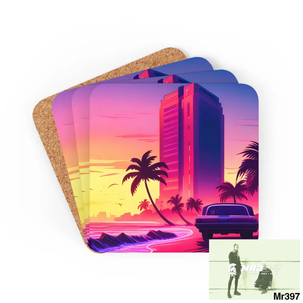 AI Vigilante Vice theme Corkwood Coaster Set Cork / 3.75’’ × 3.75’’ / Square Home Decor