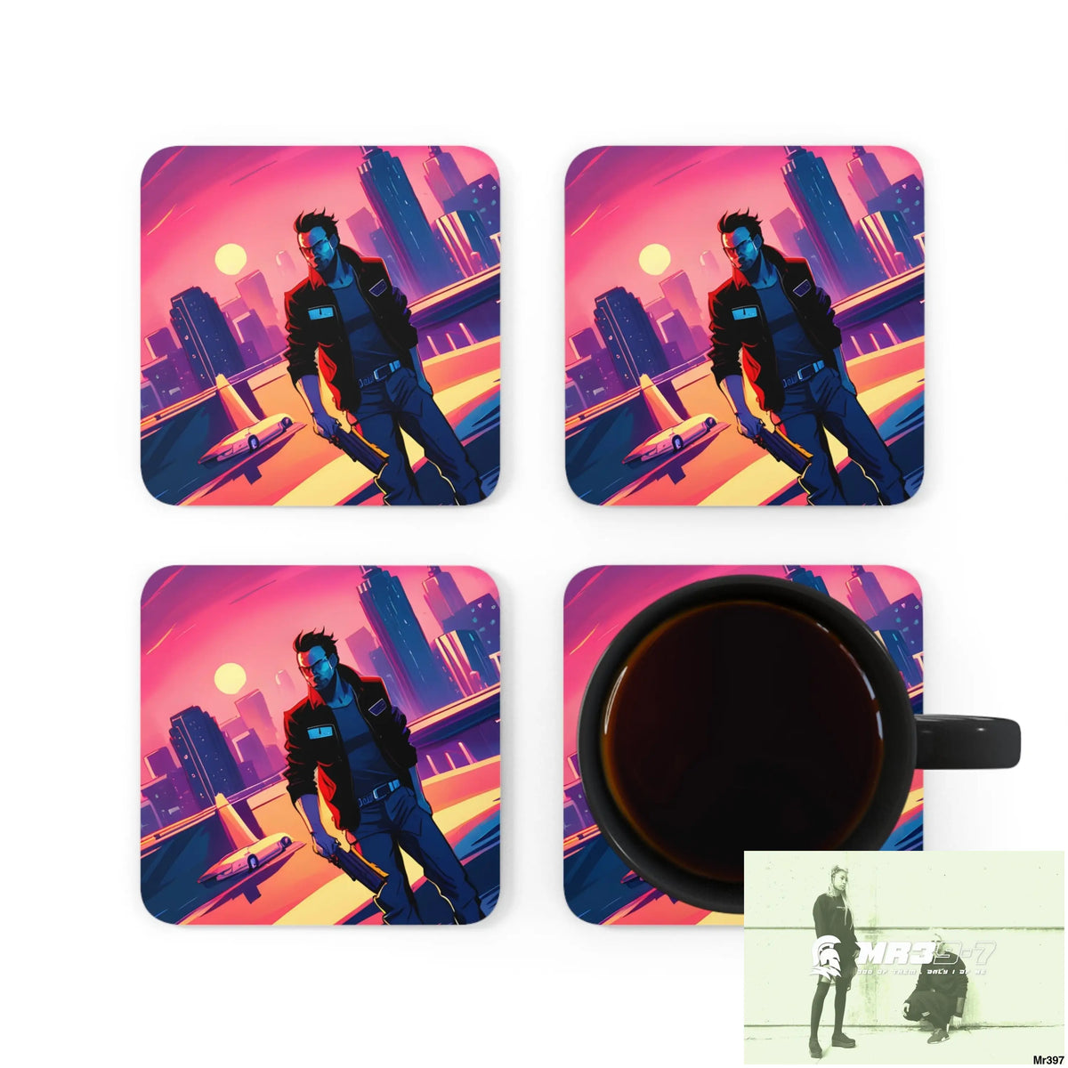 AI Vigilante Vice theme Corkwood Coaster Set Cork / 3.75’’ × 3.75’’ / Square Home Decor