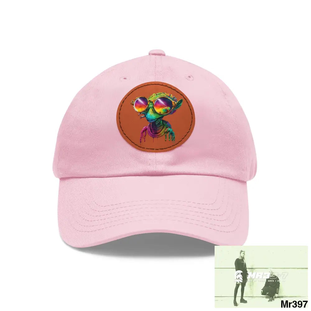 Alien in cool sunglasses Dad Hat with Leather Patch (Round) Light Pink / Light Brown patch / Circle / One size Hats