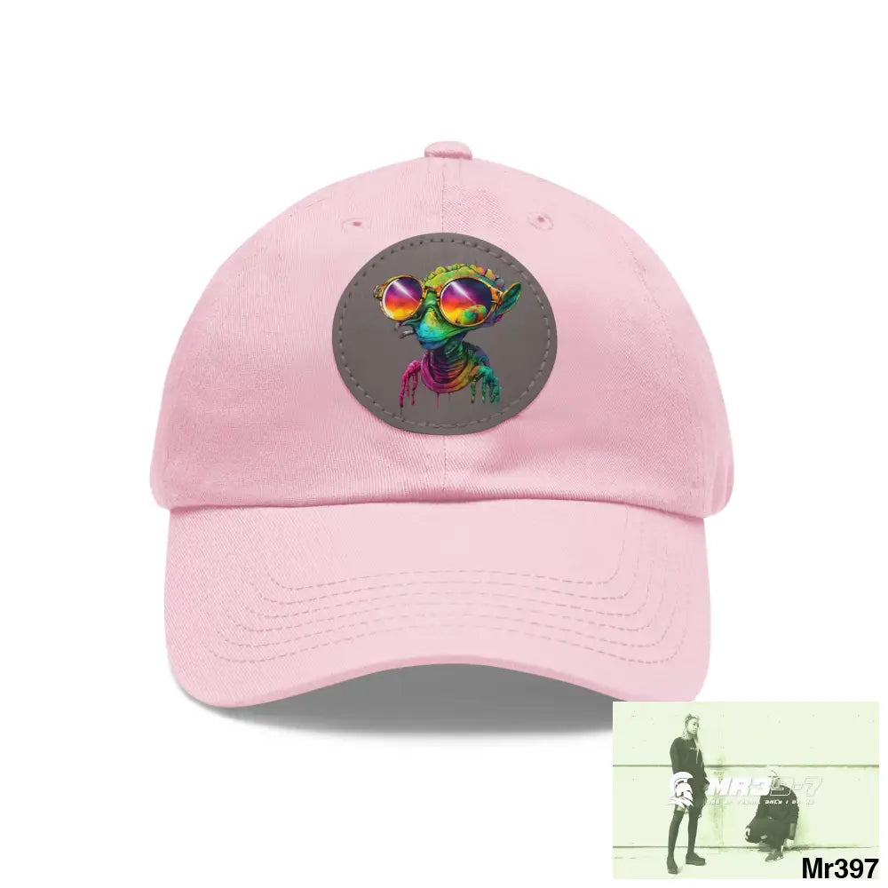 Alien in cool sunglasses Dad Hat with Leather Patch (Round) Light Pink / Grey patch / Circle / One size Hats