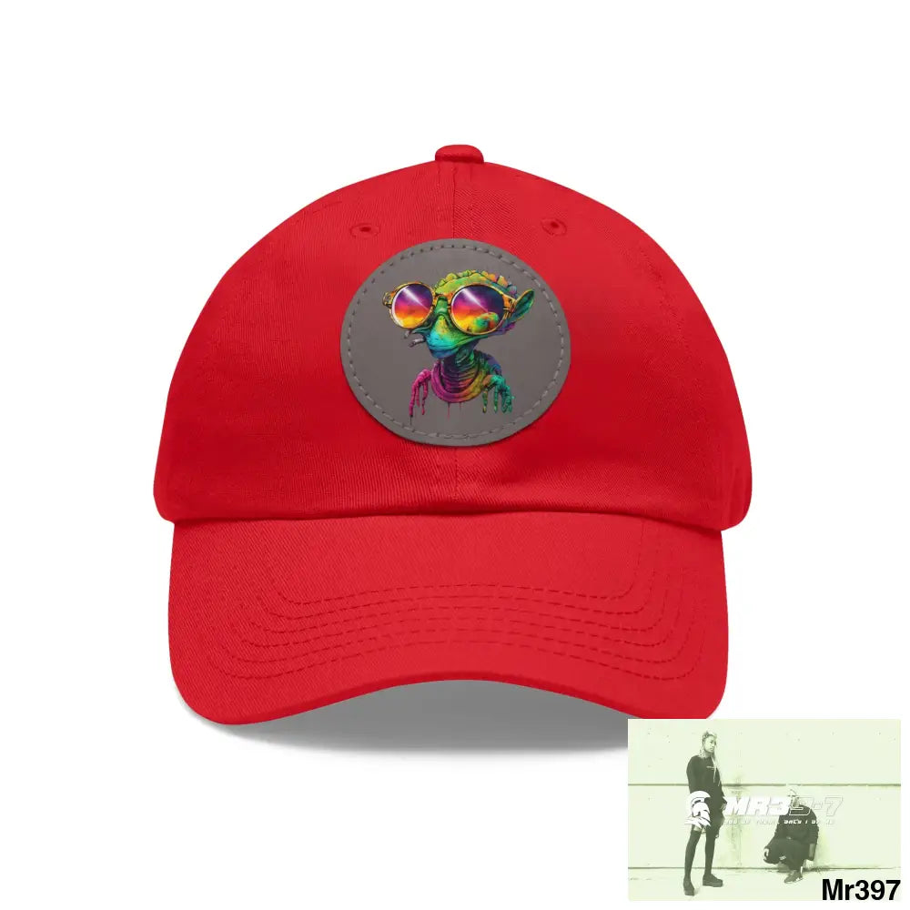 Alien in cool sunglasses Dad Hat with Leather Patch (Round) Red / Grey patch / Circle / One size Hats