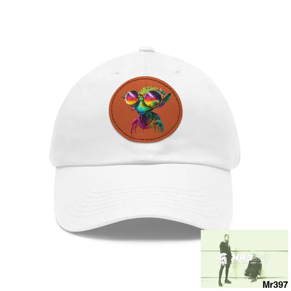 Alien in cool sunglasses Dad Hat with Leather Patch (Round) White / Light Brown patch / Circle / One size Hats