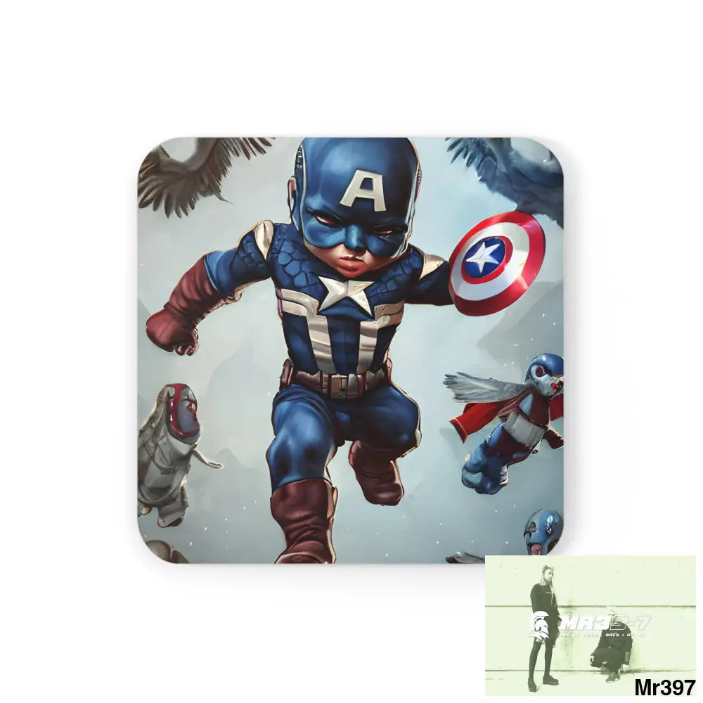Baby Captain America Corkwood Coaster Set Cork / 3.75’’ × 3.75’’ / Square Home Decor