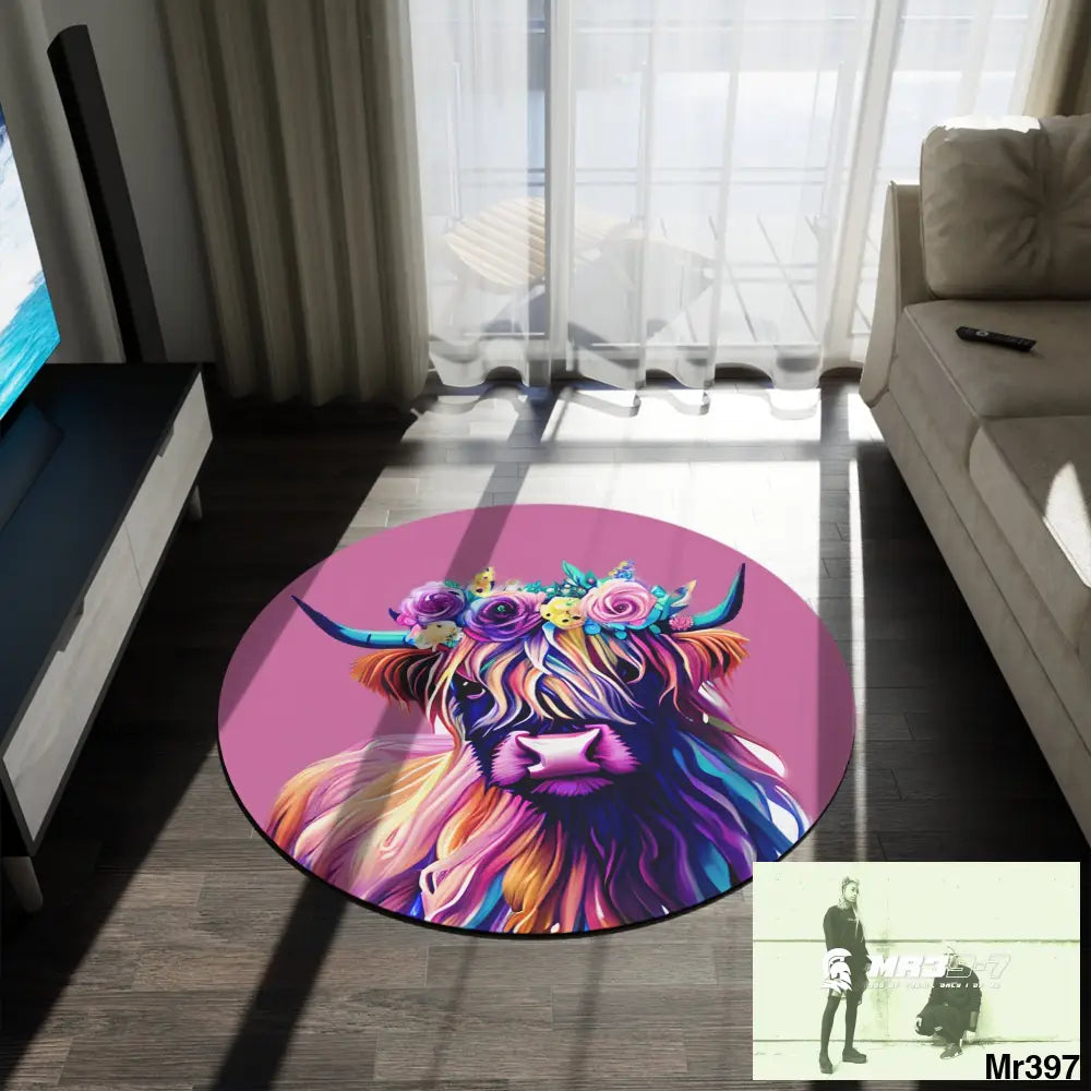 Baby Highland Cow Round Rug 60’’ × 60’’ Home Decor