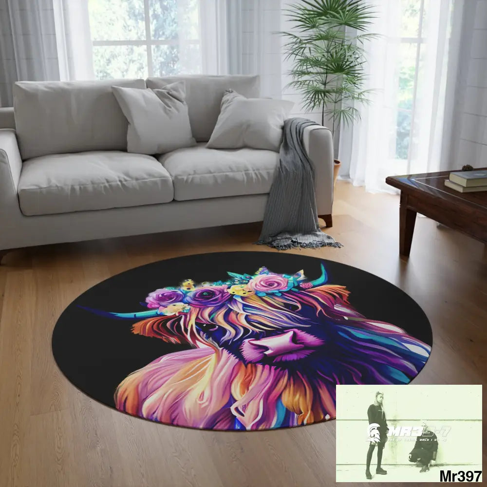 Baby Highland Cow Round Rug 60’’ × 60’’ Home Decor