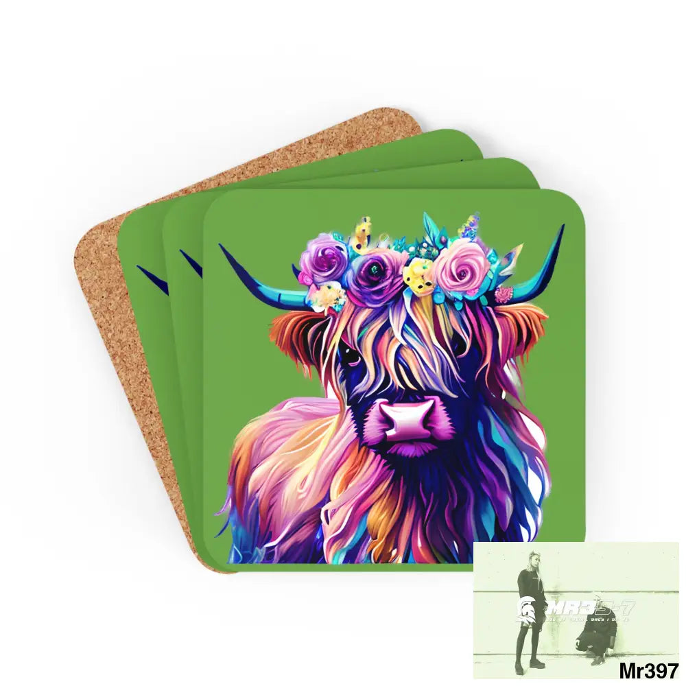 Baby Highland Cow with a Flower crown Corkwood Coaster Set Cork / 3.75’’ × 3.75’’ / Square Home Decor