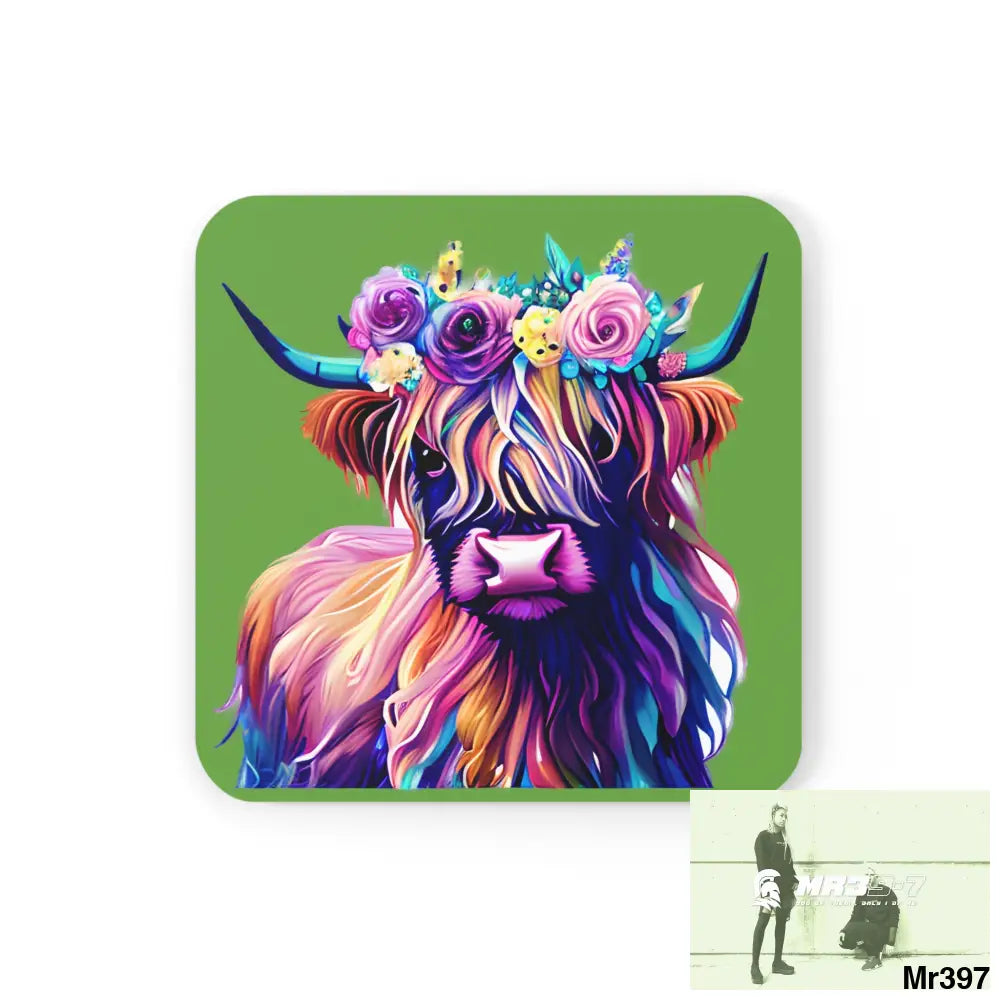 Baby Highland Cow with a Flower crown Corkwood Coaster Set Cork / 3.75’’ × 3.75’’ / Square Home Decor