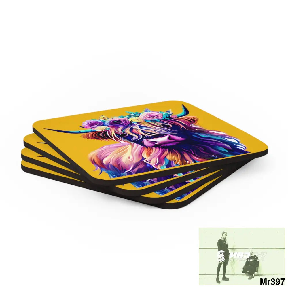 Baby Highland Cow with a Flower crown Corkwood Coaster Set Cork / 3.75’’ × 3.75’’ / Square Home Decor