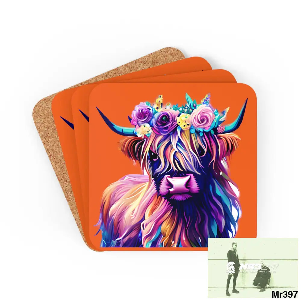 Baby Highland Cow with a Flower crown Corkwood Coaster Set Cork / 3.75’’ × 3.75’’ / Square Home Decor