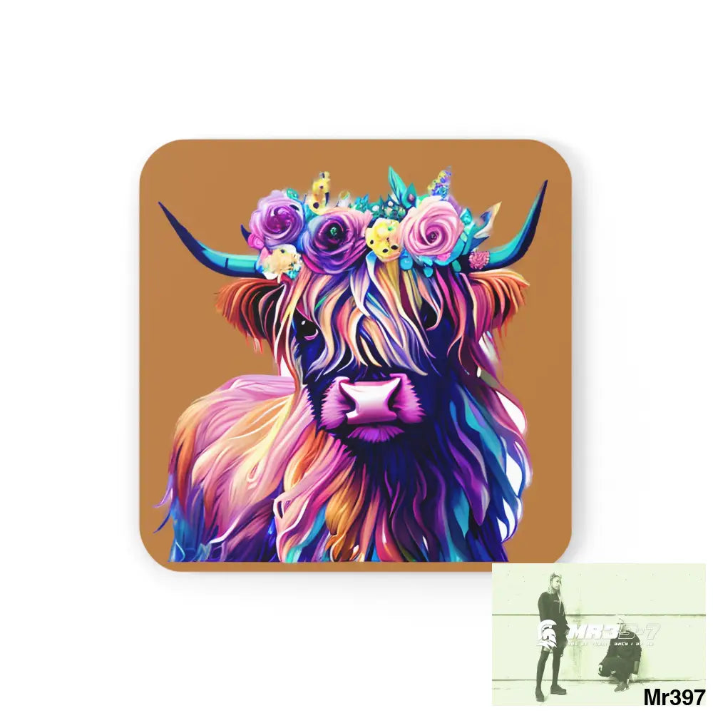 Baby Highland Cow with a Flower crown Corkwood Coaster Set Cork / 3.75’’ × 3.75’’ / Square Home Decor